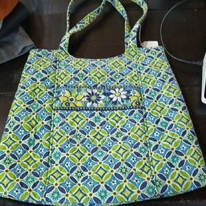 Vera Bradley Quilted Tote in Blue and Green Floral Geometric Print